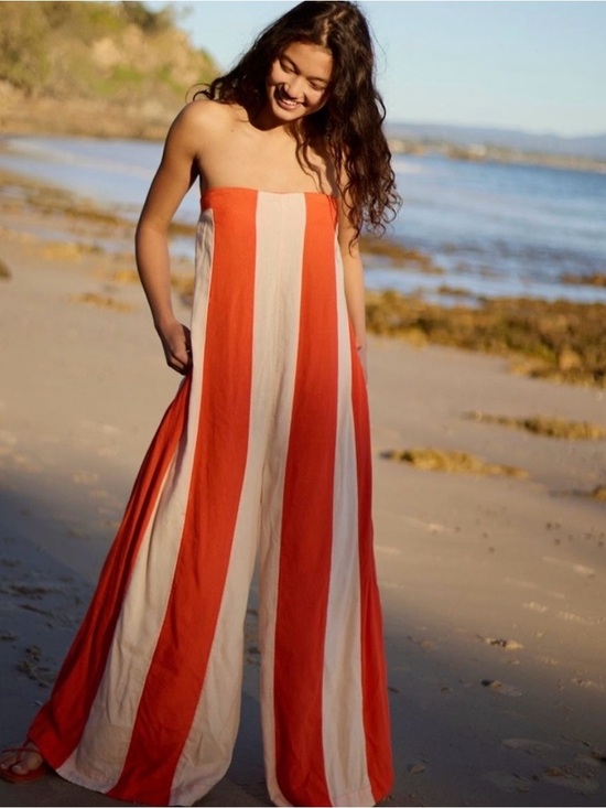 Free People Pants - Free People Free-est Eden Striped Wide Leg Linen Blend Jumpsuit Tea Combo M Boho